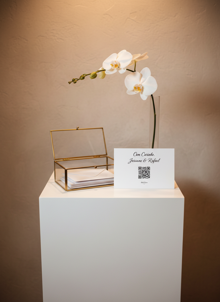 A refined wedding gift and donation corner arrangement, featuring a sleek white acrylic pedestal against a softly textured beige wall. On top of the pedestal, a minimalist glass box with a gold frame is slightly open, revealing neatly folded envelopes. Beside it lies a perfectly aligned card displaying a QR code for doações, printed in black on thick, matte white cardstock with the heading “Com Carinho, Jussane & Rafael” in delicate script. A single white orchid in a slim, transparent vase adds a touch of organic elegance. Warm, diffused ambient lighting casts gentle shadows and a faint reflection on the glass surfaces. Shot straight-on with a balanced composition and moderate depth of field, everything appears crisp and intentional. The mood is gracious, modern, and sophisticated, in photographic realism that feels both inviting and discreet.