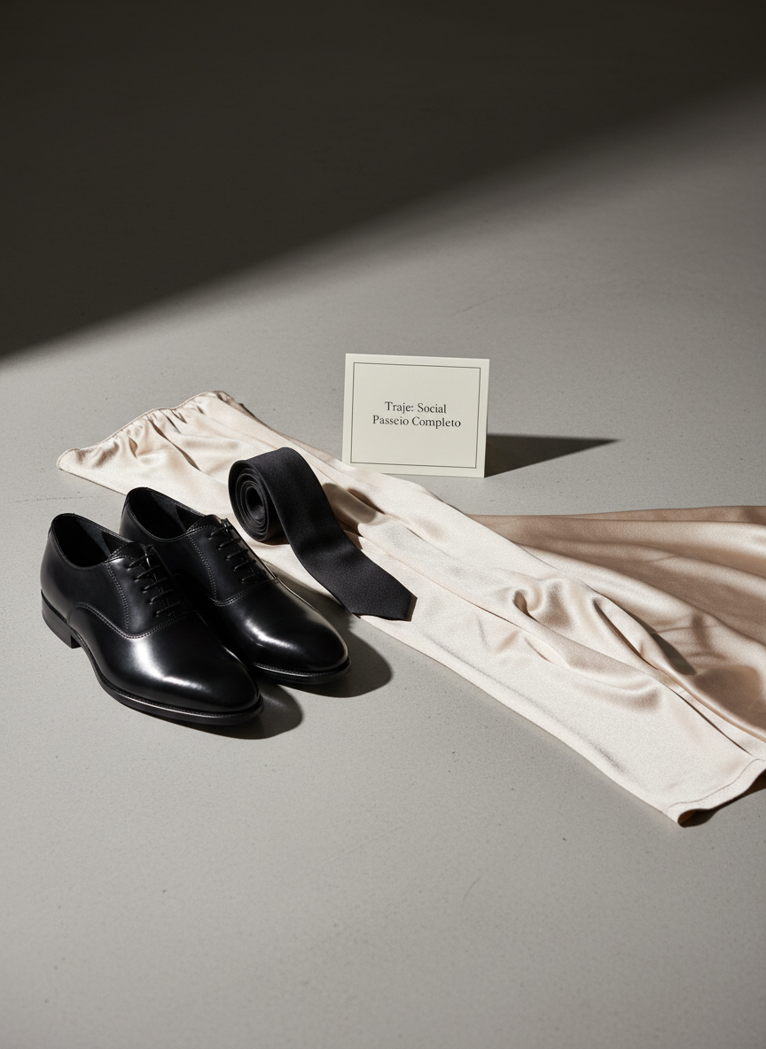 A carefully styled vignette of a wedding dress code concept for a sophisticated evening casamento. On a smooth, light gray concrete surface sits a pair of polished black oxford shoes, a slim black silk tie folded neatly, and beside them, a flowing length of champagne-colored satin fabric suggesting an elegant vestido. A small tent card labeled “Traje: Social / Passeio Completo” in refined typography stands upright, adding clarity. Soft studio lighting from the left creates gentle gradients across the shoes’ leather, subtle shine on the satin, and clean shadows that define each object without harshness. The composition is asymmetrically balanced, with negative space to emphasize the minimal, modern aesthetic. Photographic realism with a chic, editorial feel, conveying guidance on dress code while maintaining an atmosphere of understated luxury and sophistication.