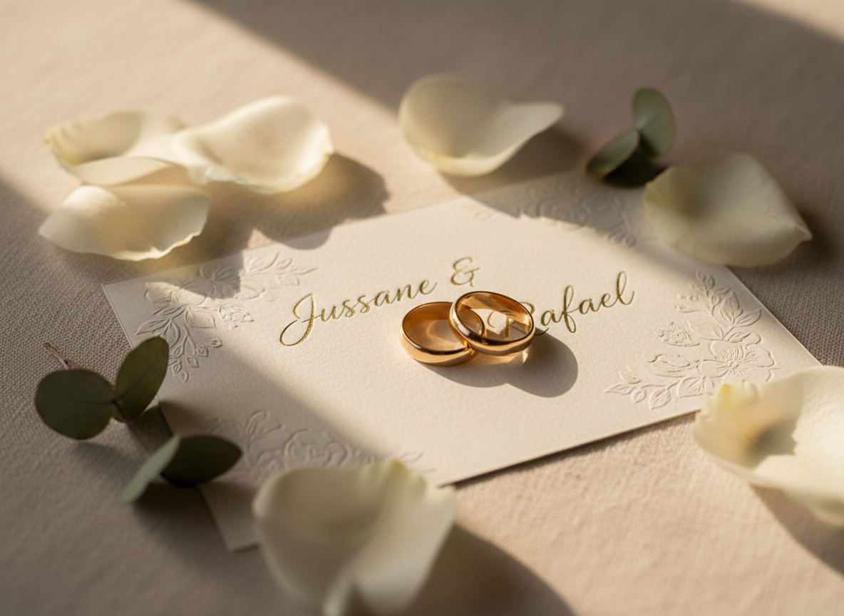A pair of intertwined gold wedding rings resting atop an elegant cream-colored invitation card embossed with the names “Jussane & Rafael” in fine, metallic script. The card lies on a soft linen tablecloth in muted ivory, surrounded by delicate white rose petals and a subtle hint of eucalyptus leaves for a touch of green. Gentle late-afternoon natural light filters in from the side, creating soft highlights on the polished metal and subtle shadows along the paper’s textured edges. Photographed at a slightly elevated angle with a shallow depth of field, the rings and names are crisply in focus while the background fades into a creamy bokeh. The overall mood is sophisticated, romantic, and timeless, with photographic realism and a clean, modern aesthetic.