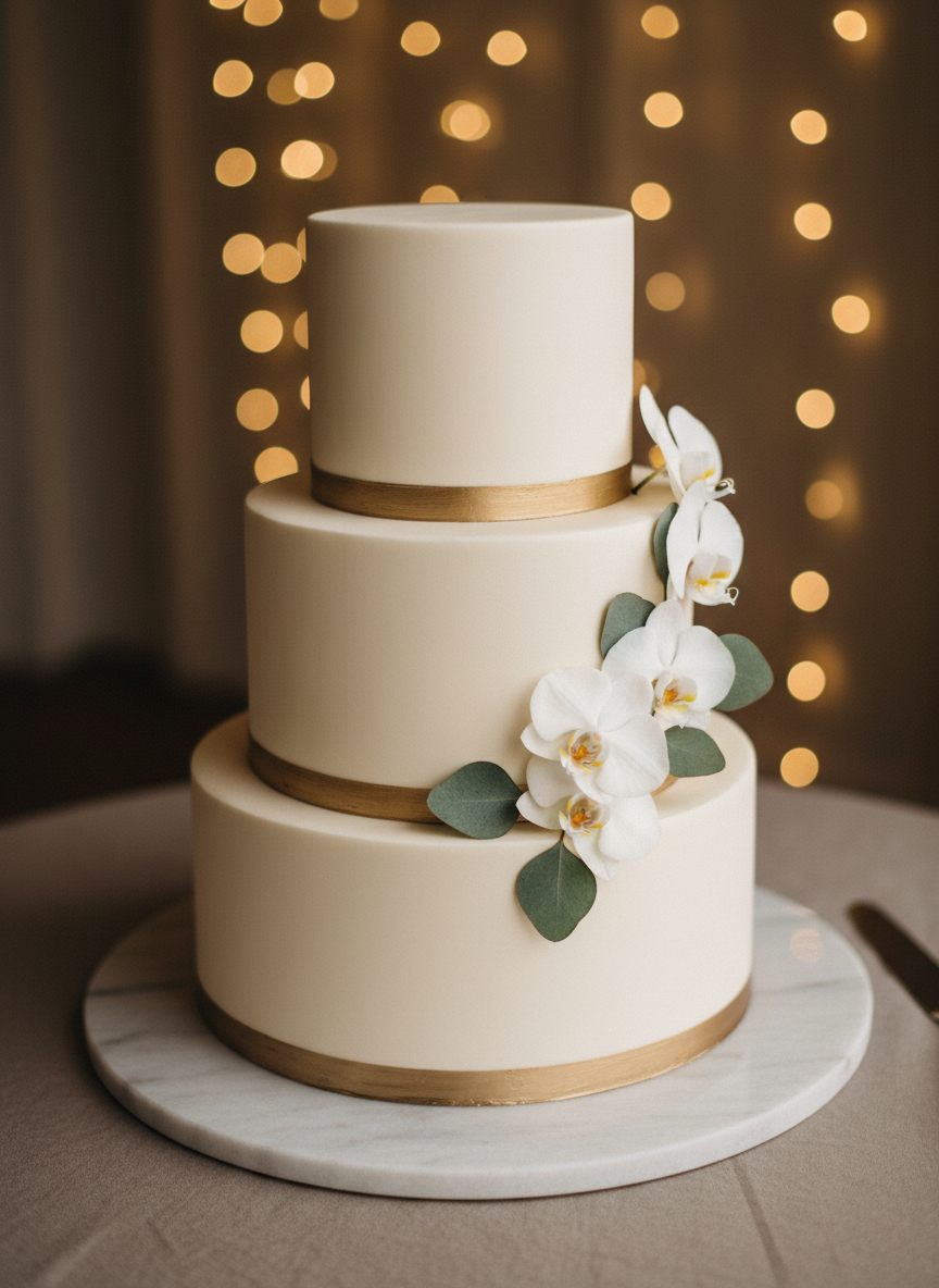 An elegant, close-up photograph of a three-tier wedding cake designed in a sophisticated, minimalist style. The cake has smooth, matte ivory fondant with each tier separated by a thin band of brushed gold. Small clusters of white orchids and eucalyptus leaves are arranged asymmetrically, adding delicate organic texture. The cake stands on a polished marble cake stand atop a linen-covered table in a soft taupe tone. In the softly blurred background, warm fairy lights create a gentle bokeh. Side lighting from the right emphasizes the cake’s smooth surface, the subtle sheen of gold accents, and soft shadows beneath each tier. Captured at slightly below eye level to enhance its stature, the composition centers the cake while allowing a hint of the ambient setting. The atmosphere is refined, romantic, and timeless, rendered with photographic realism.