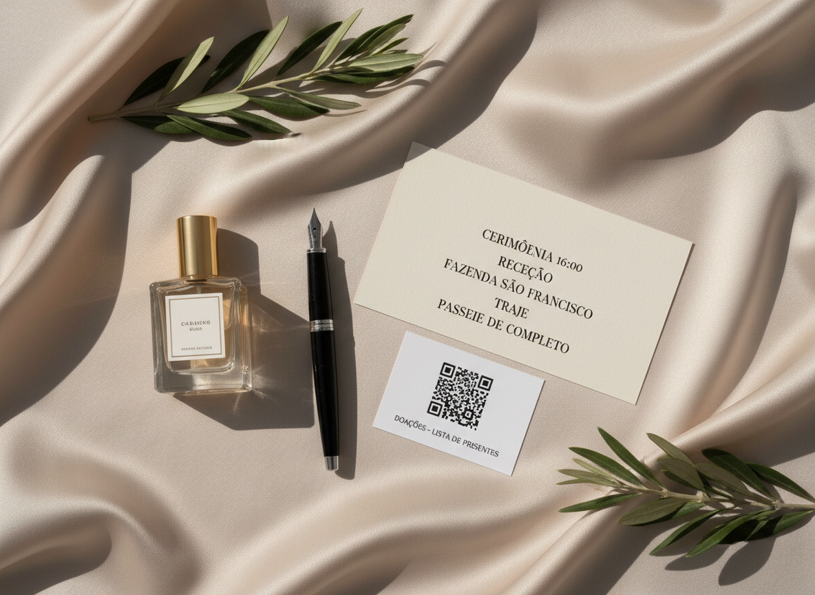 A meticulously arranged flat lay of refined wedding details for a sophisticated Brazilian ceremony, displayed on a pale beige silk fabric. At the center, a minimalist itinerary card lists ceremony time, reception location, and dress code in elegant serif typography. Around it, there is a stylish QR code card for doações, a slim black fountain pen, a sprig of olive branch, and a small glass perfume bottle with a gold cap. Soft diffused daylight from above creates a gentle glow, emphasizing the textures of paper, silk, and glass without harsh shadows. The composition follows the rule of thirds, with ample negative space to keep the layout airy and modern. Photographic realism, with a calm, organized, and sophisticated atmosphere that communicates clarity and refinement for the event.