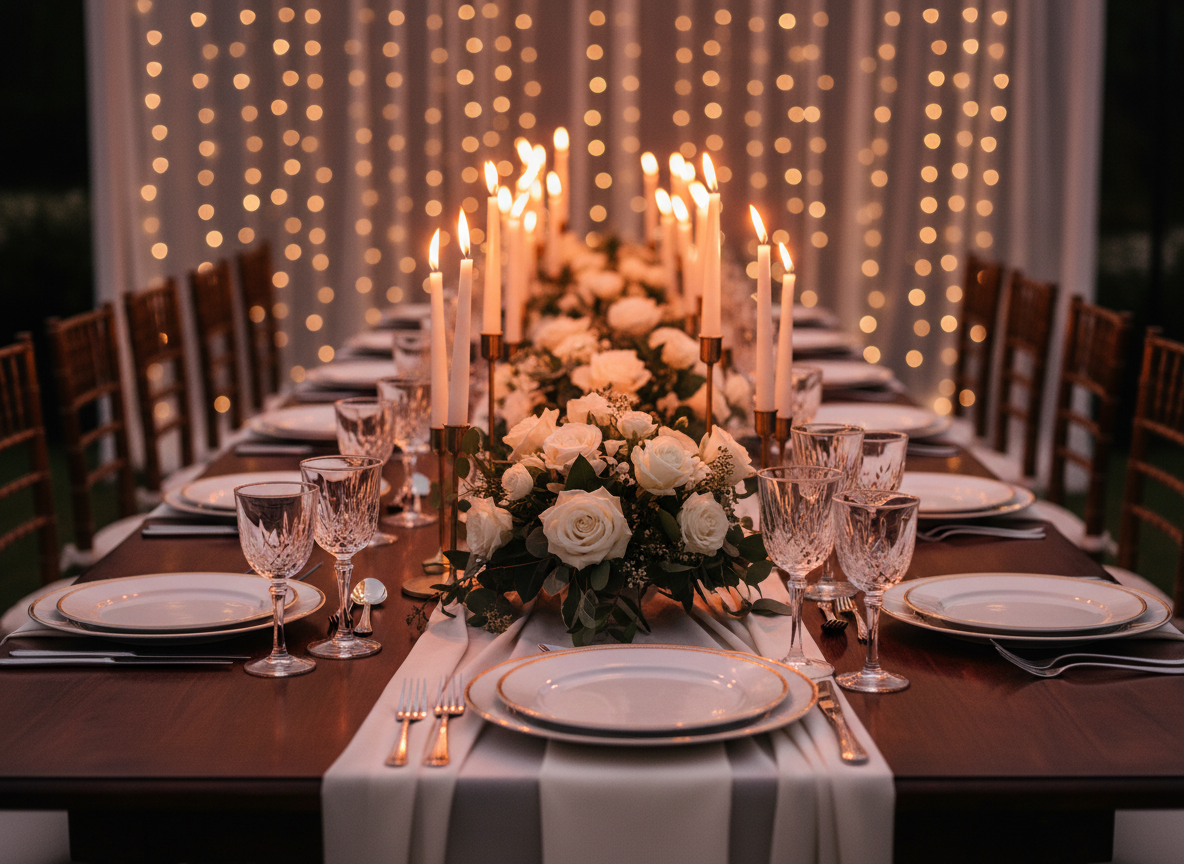 A beautifully set wedding reception table designed for an evening celebration, captured without any guests. A long wooden table with a smooth, dark walnut finish is dressed with an ivory runner, crystal wine glasses, and fine white porcelain plates with a thin gold rim. At the center, low floral arrangements of white roses and greenery alternate with tall, slender candles in brushed gold holders, their flames casting a warm, flickering glow. Subtle fairy lights hang softly blurred in the background, adding depth and sparkle. The lighting combines candlelight with gentle ambient illumination, producing rich, warm tones and elegant reflections on glass and metal. Shot at eye level down the length of the table with a medium depth of field, the perspective leads the viewer inward. The mood is intimate, luxurious, and welcoming, with photographic realism and a sophisticated, contemporary style.